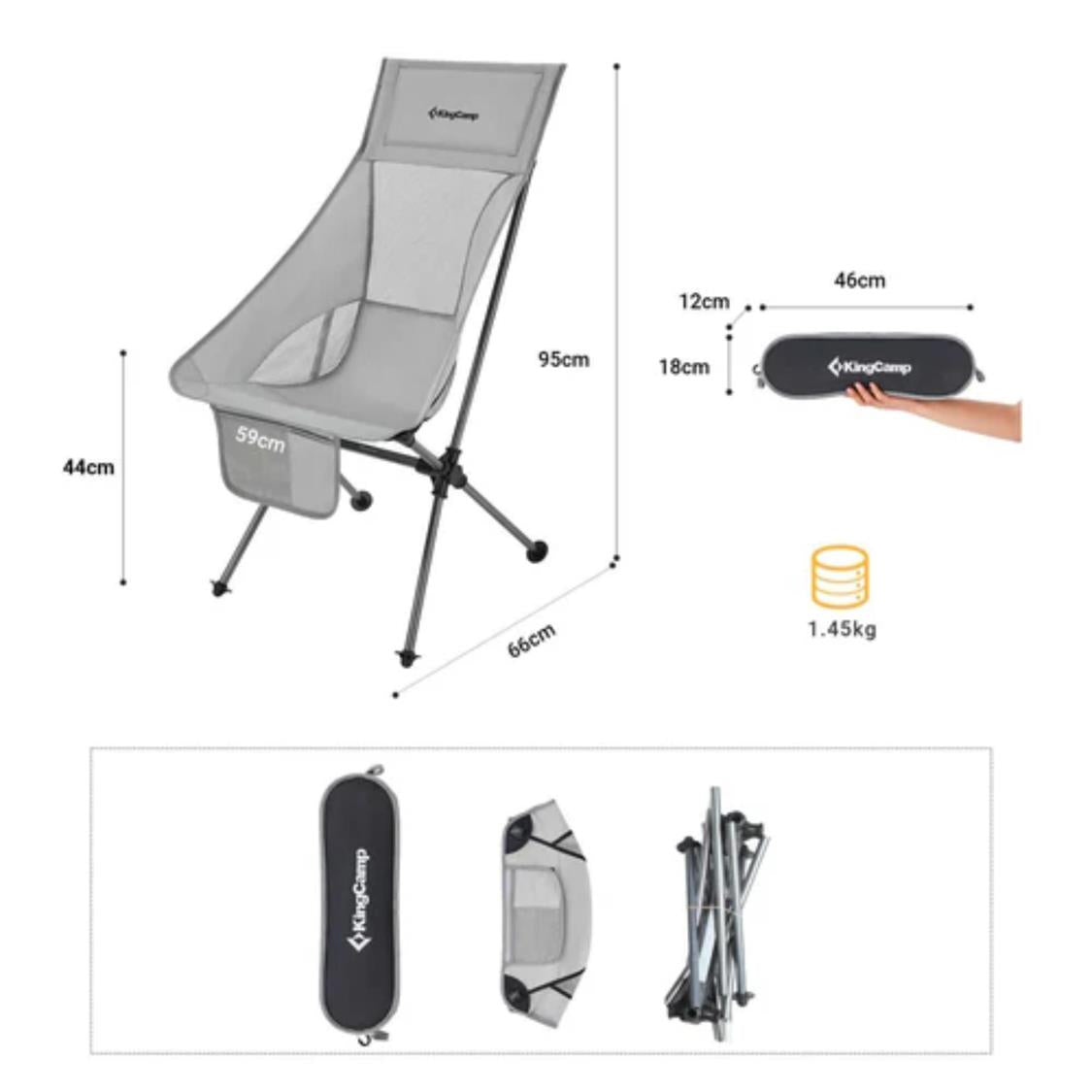 KingCamp Ultralight Highback Foldable Chair Grey (